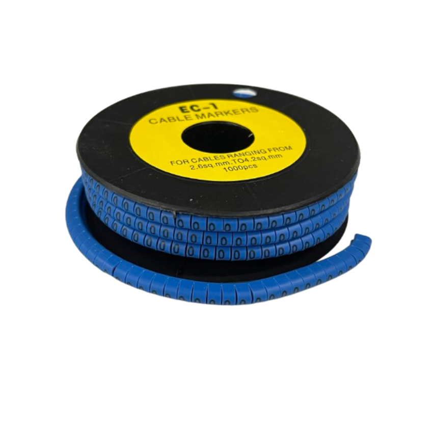 Spool of blue cable labeling tape with repeated 0 digits for wire organization and identification Cable Marker 0 Blue