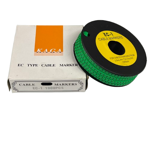 Grippes cable management spool with roll of green numeric tags and box labeled KAGA Cable Marker 0 Green for wire identification