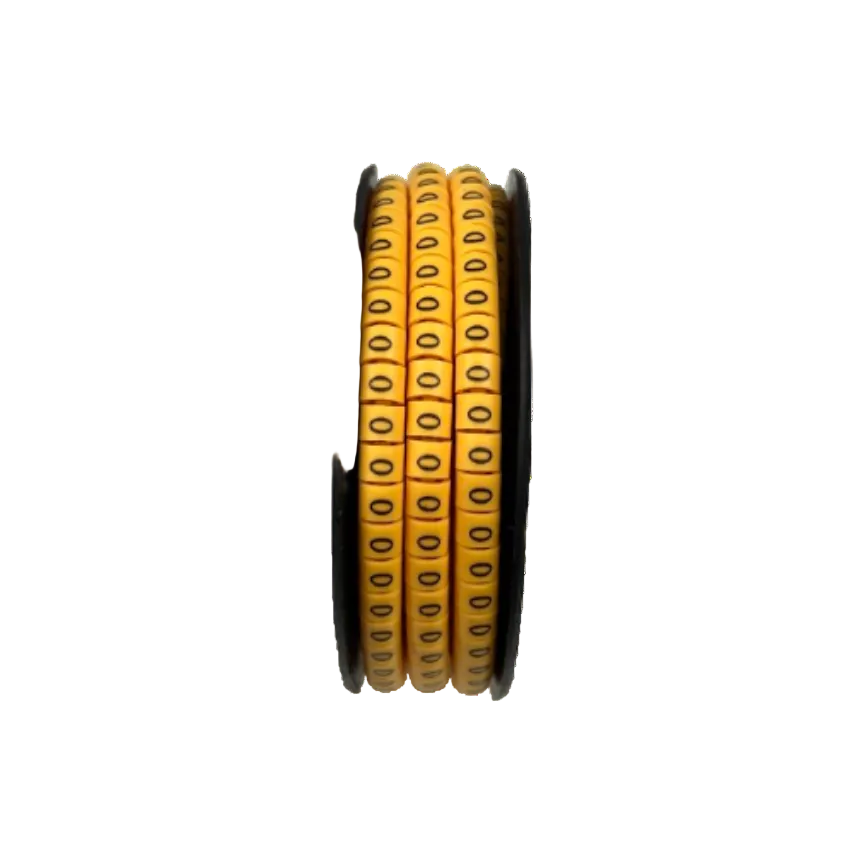 Grippes Cable Marker 0 - Yellow spool with multiple yellow numeric cable ID rings showing repeated 0 labels for wiring
