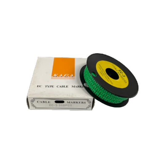 Spool of Cable Marker 1 Green labels on black reel next to KAGA EC type cable markers box for cable management