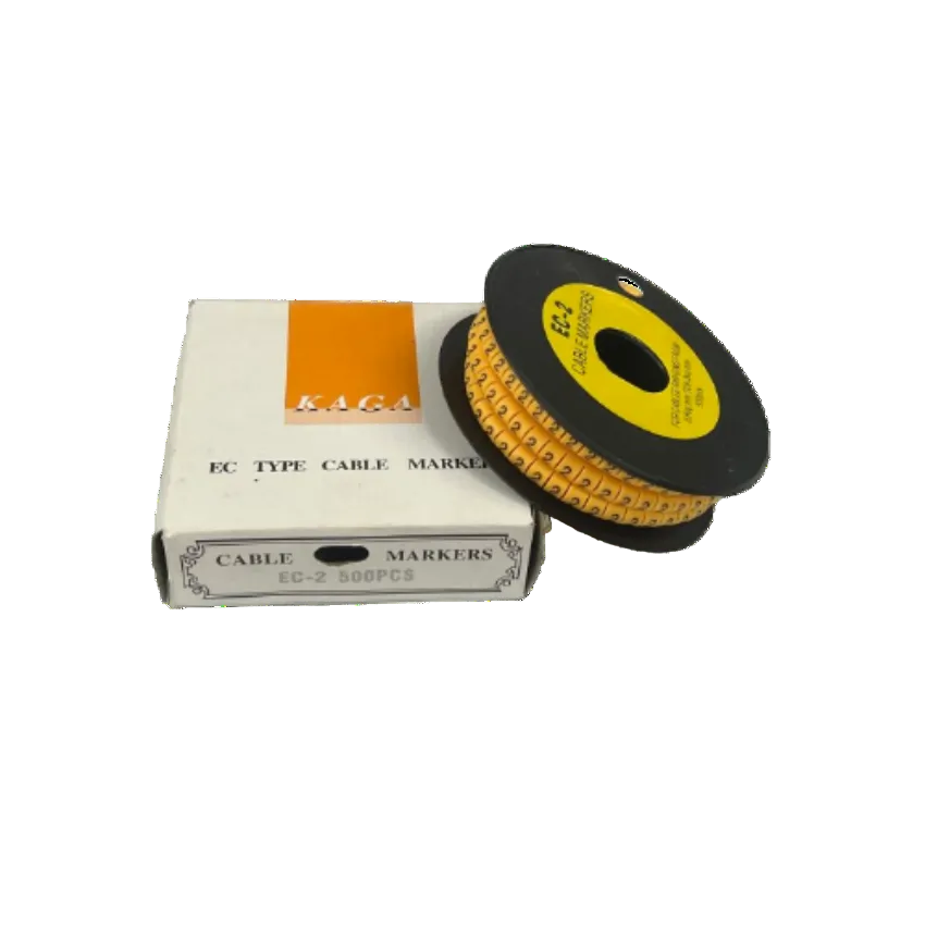 Spool of yellow numeric cable marker rings next to box for wiring Cable Marker - 2 Yellow