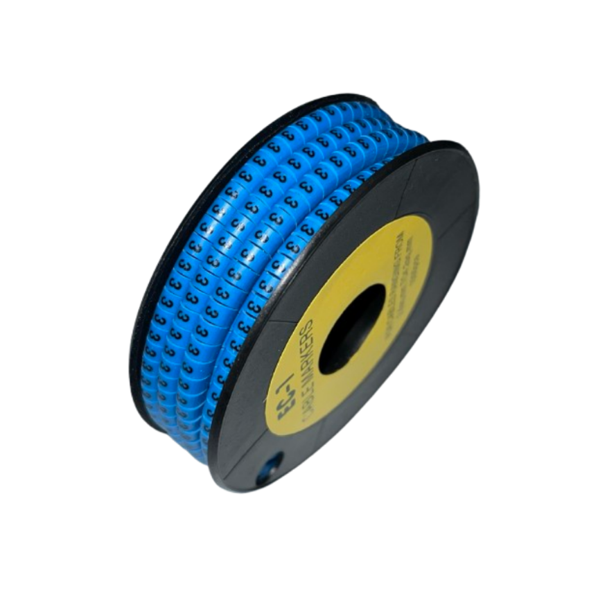 Spool of Cable Marker 3 Blue numeric ring markers on reel for cable management and labeling wires