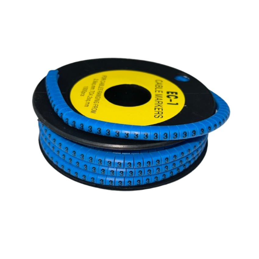 Cable Marker 3 Blue vinyl numbered markers on black spool for cable identification and organization