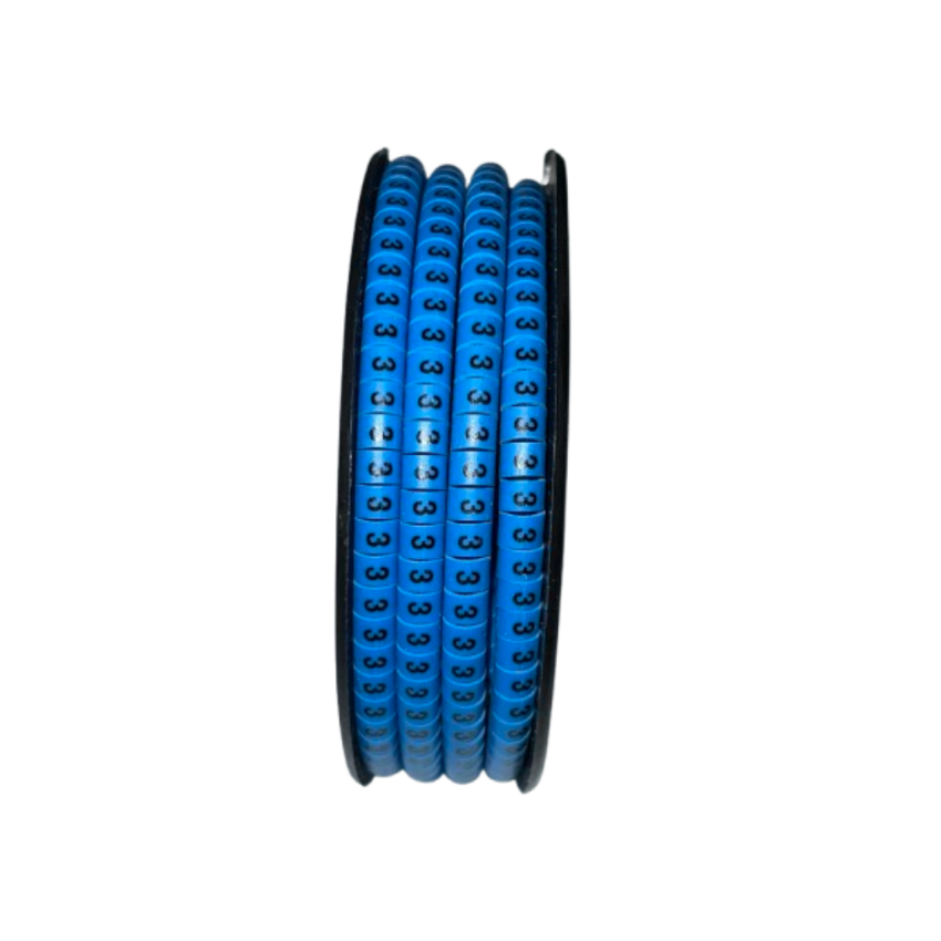 Spool of blue numeric cable markers showing repeated 3 labels Cable Marker 3 Blue for wire identification and organization