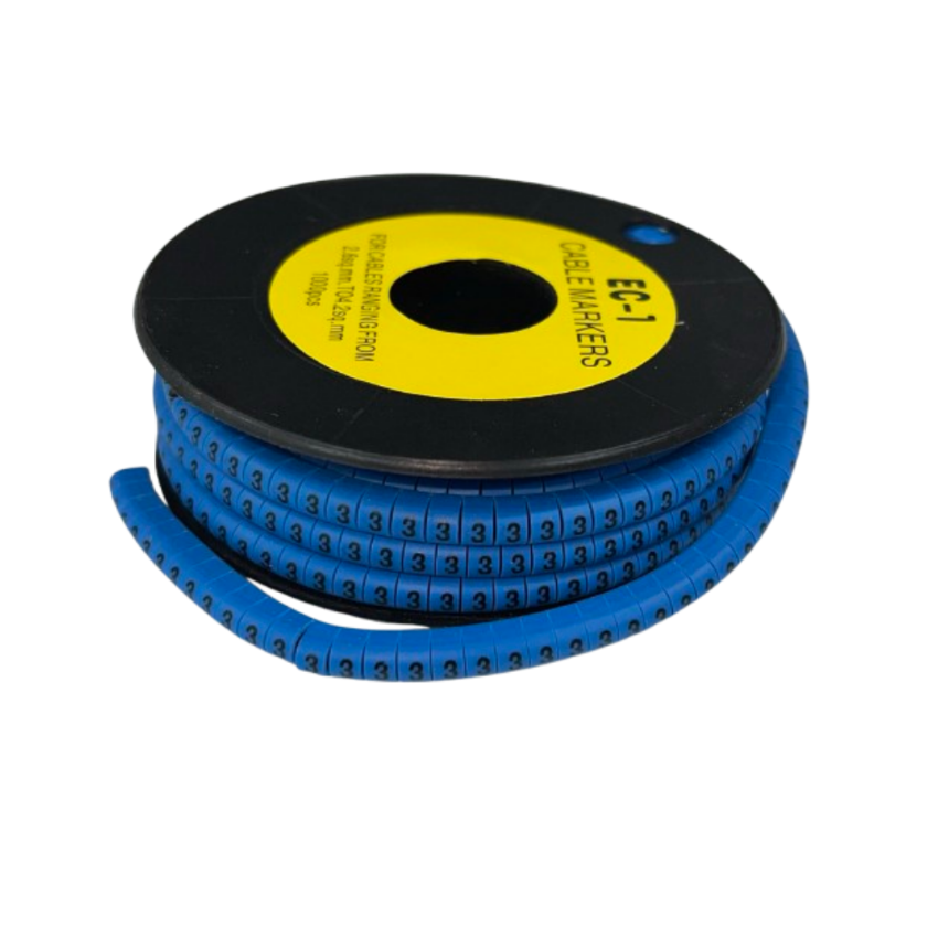 Spool of blue numeric cable markers labeled 3 for wire identification Cable Marker 3 Blue for cable management