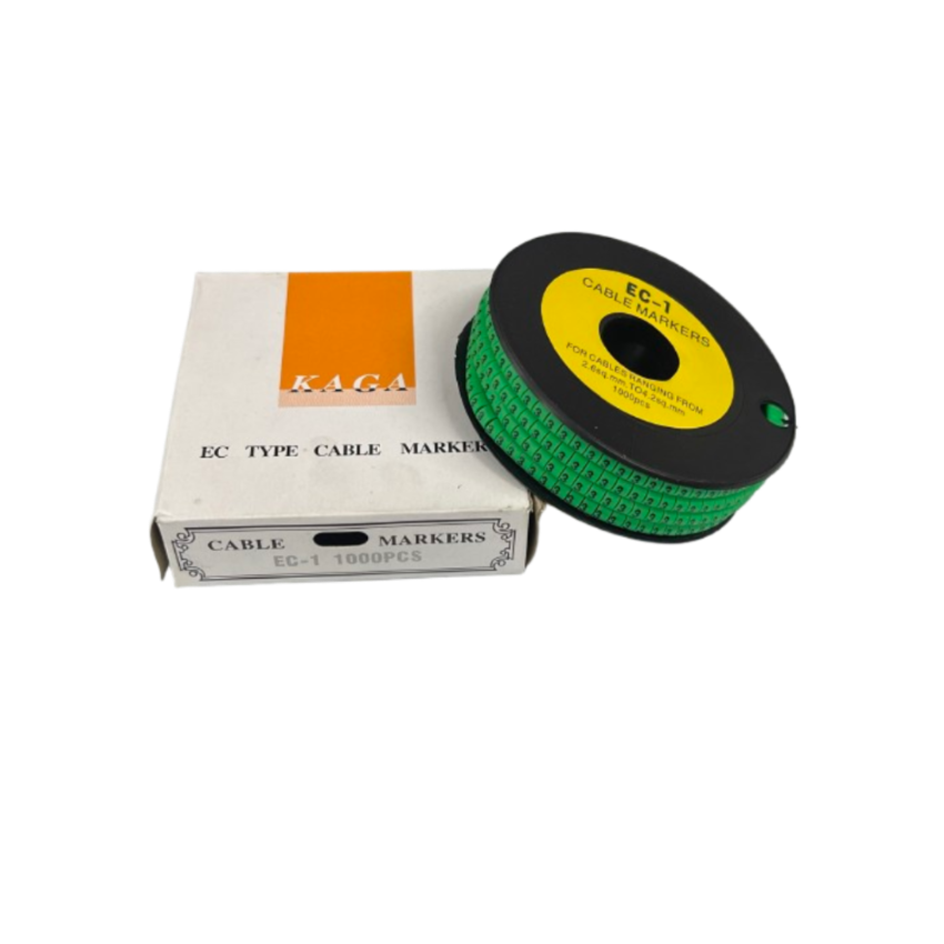 Grippes Cable marker 3 Green spool of EC1 cable markers next to box 1000pcs for wire labeling