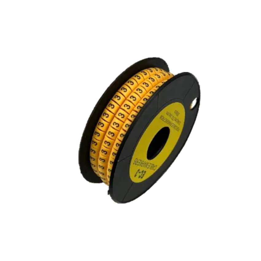 Spool of Cable Marker 3 yellow numbered ring markers on black reel for organized wire and cable management