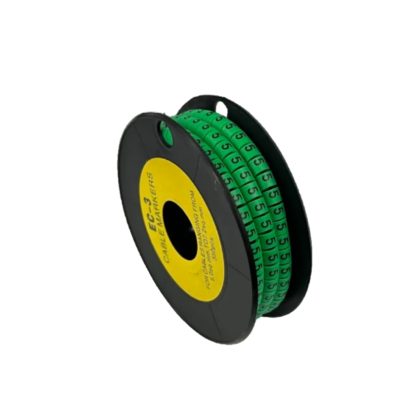 Cable Marker 5 Green spool of numbered cable markers on black reel for cable management and labeling