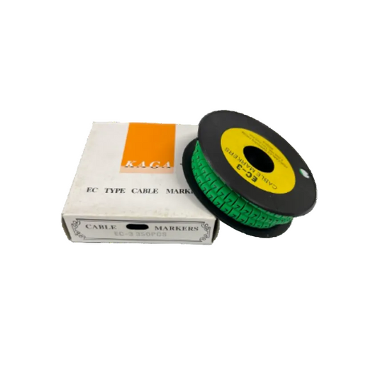 Spool of green numeric cable tags next to box for Cable Marker 5 Green ideal for labeling wires and cables
