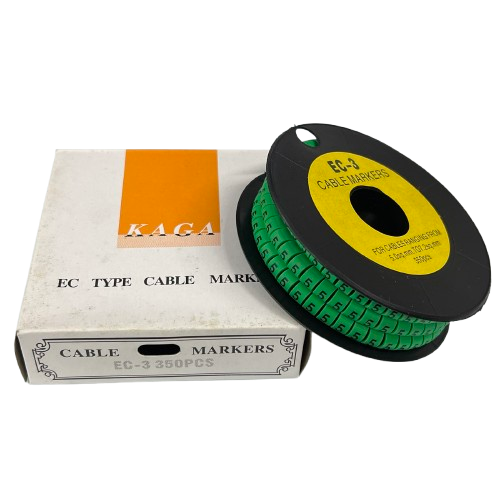 Cable Marker 5 Green reel of EC type numeric cable markers on black spool beside white box