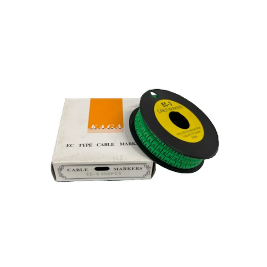 Cable Marker 5 Green reel of EC type numeric cable markers on black spool beside white box