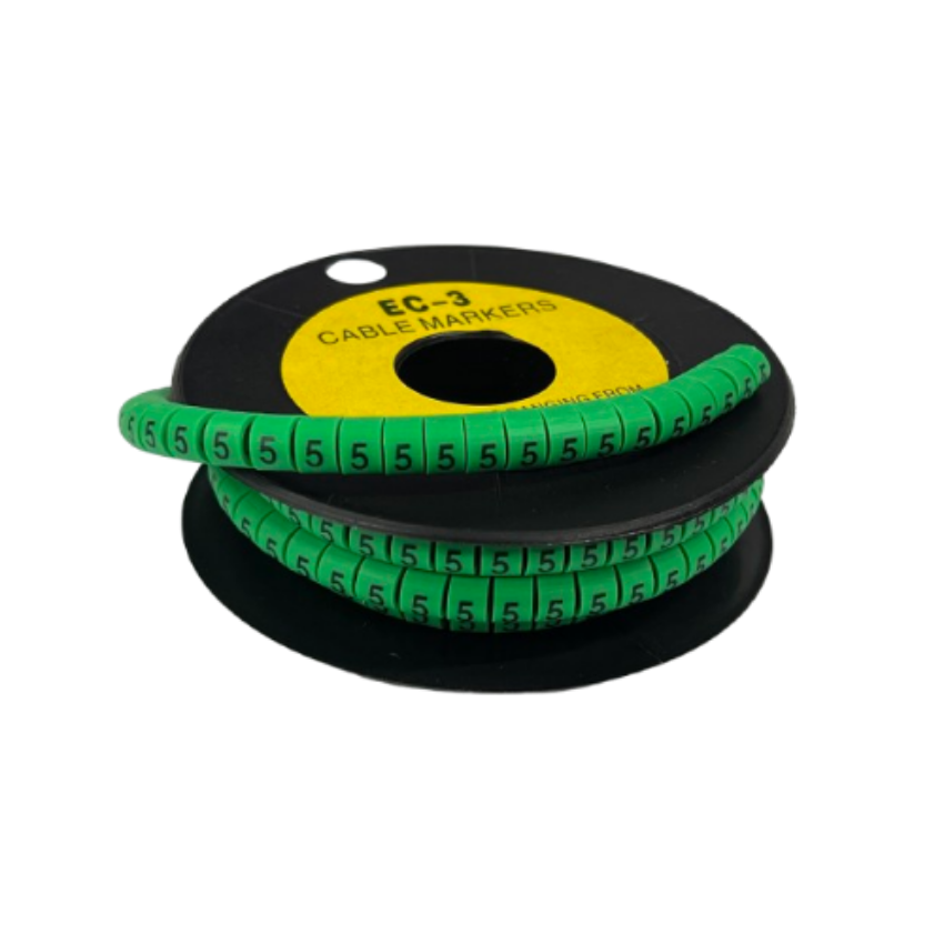 Spool of Cable Marker 5 Green flexible numbered wire markers on reel for cable management and labeling