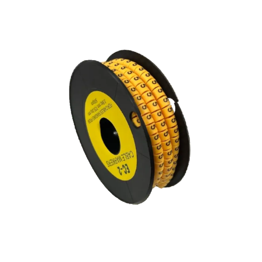 Grippes Cable Marker 5 - Yellow spool on black reel showing multiple numbered yellow cable markers for identification