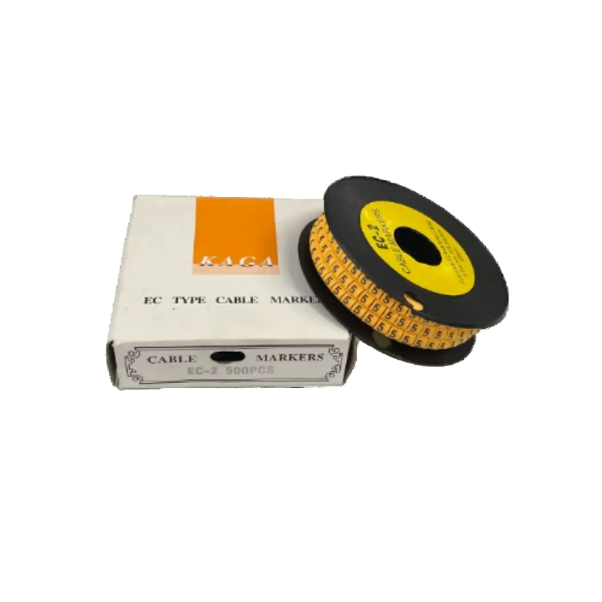 Grippes cable management spool with numbered Cable Marker 5 - Yellow tape roll and white labeled box