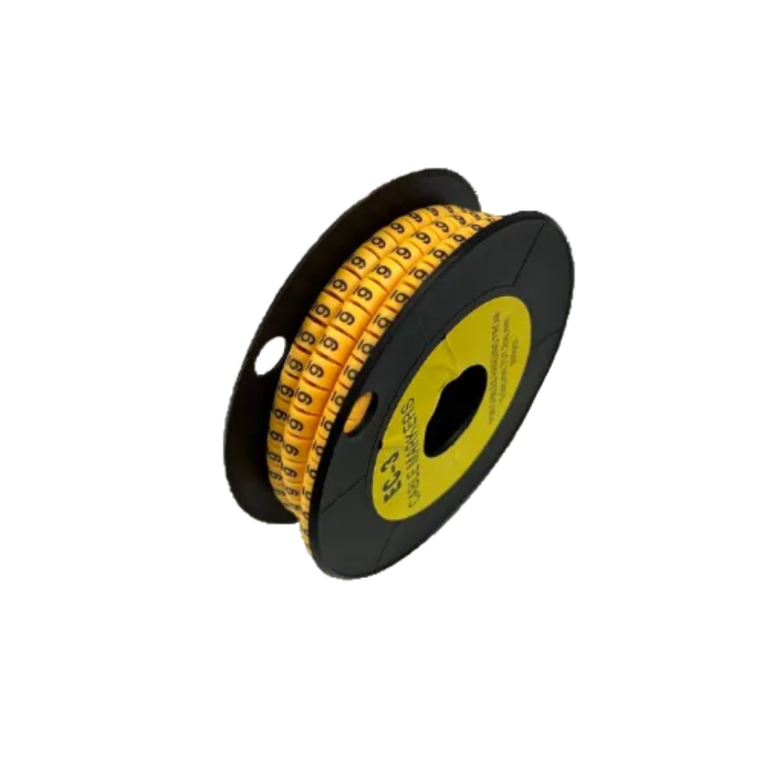 Spool of Cable Marker 6 Yellow round numeric wire labels on black reel for cable management