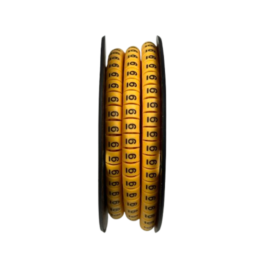 Spool of Cable Marker 6 Yellow numeric rings with black print for cable management and wire identification