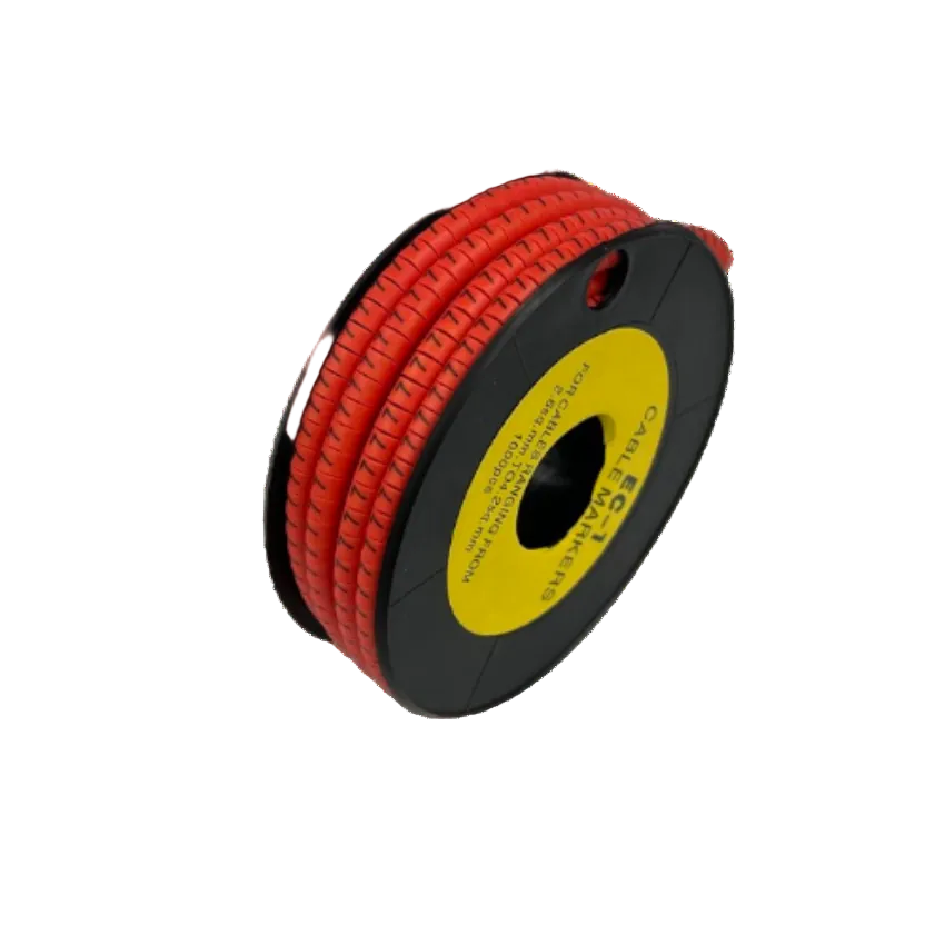 Grippes Cable Marker -7 Red spool of red flexible cable markers on black reel for wire identification and organization