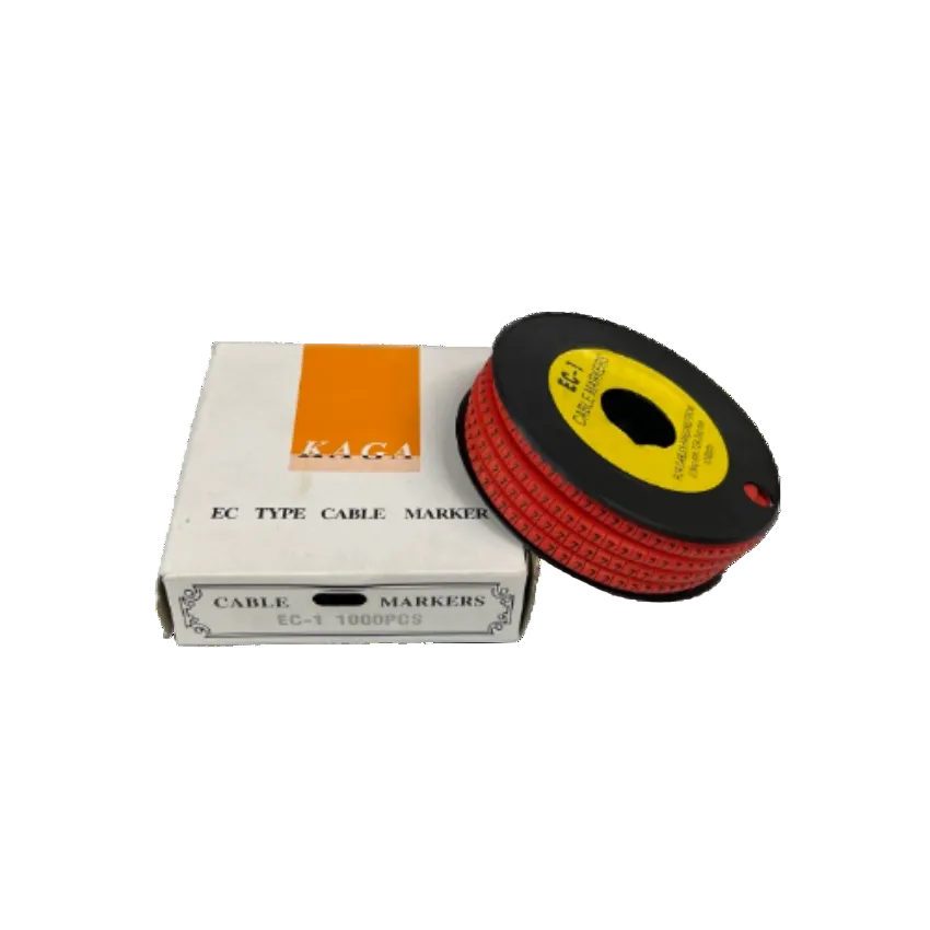 Grippes Cable Marker -7 Red spool of numbered cable markers next to white EC type box for wiring identification
