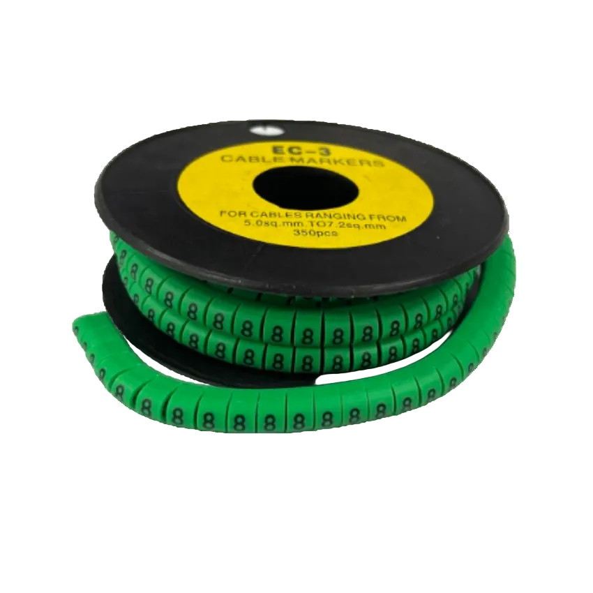 Spool of China made Cable Marker - 8 Green numbered markers on flexible strip for cable management and labeling