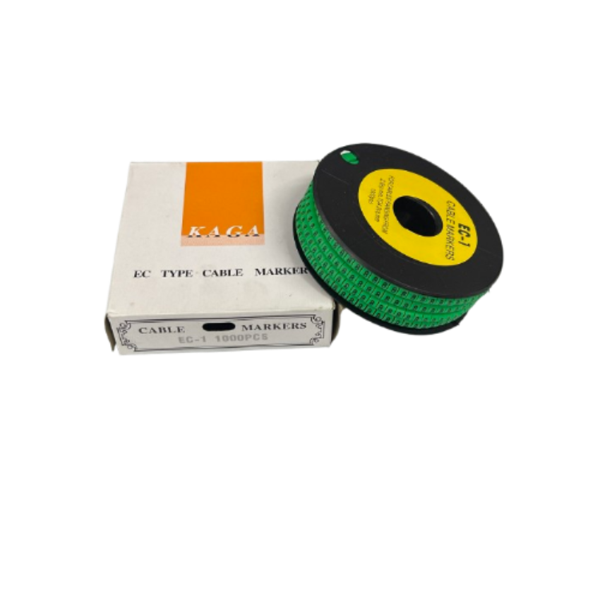 Grippes Cable Marker - 8 Green spool with numbered rings next to KAGA supply box for cable labeling