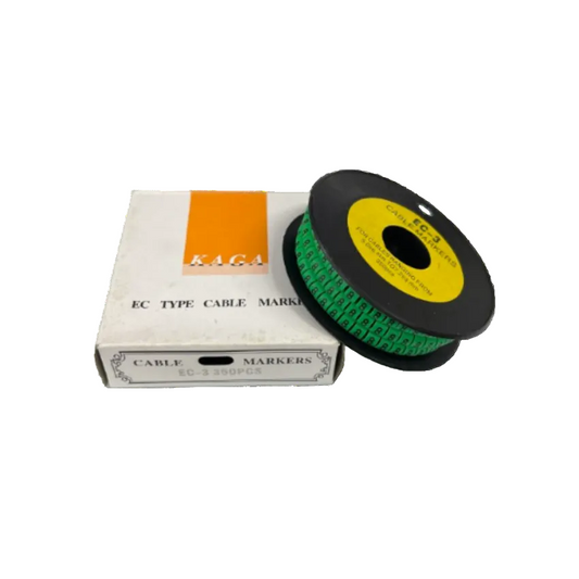 Cable Marker - 8 Green spool of small numbered cable markers on a black reel beside a white KAGA EC type box