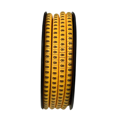 Spool of yellow numeric cable labels showing repeated 8 markers for wiring organization Cable Marker - 8 Yellow