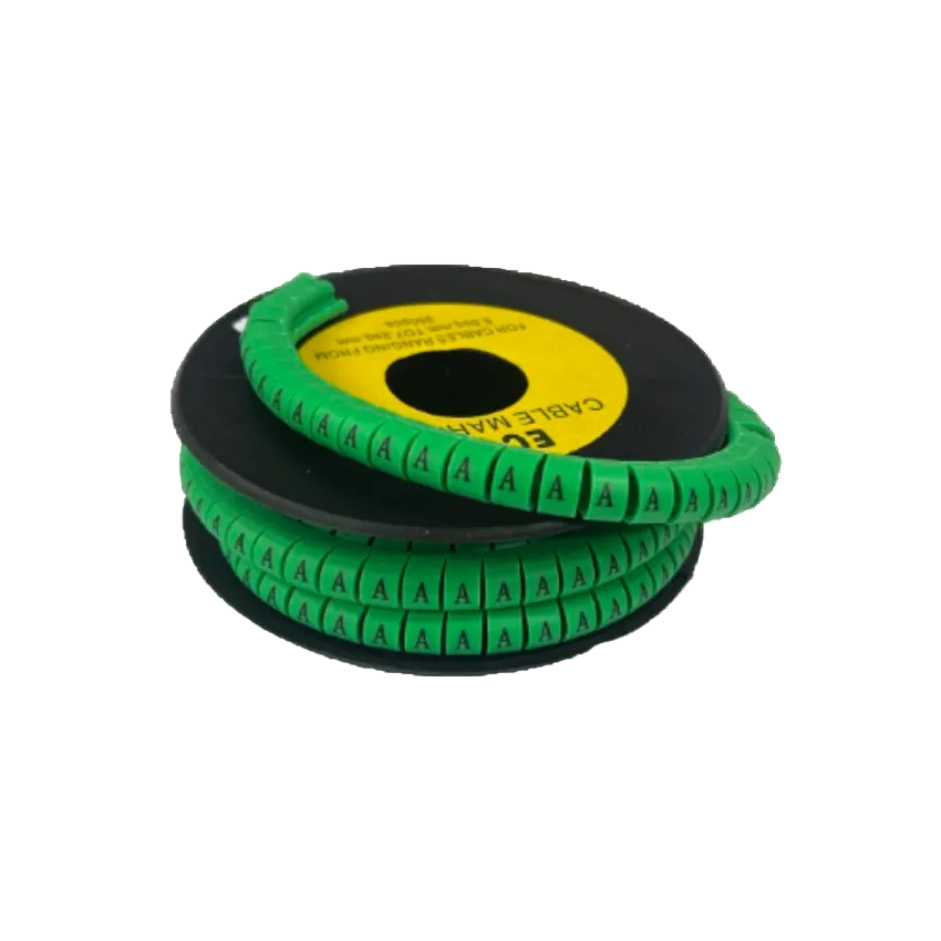 Cable Marker - A Green spiral cable marker reel with repeated A labels for wire organization and identification