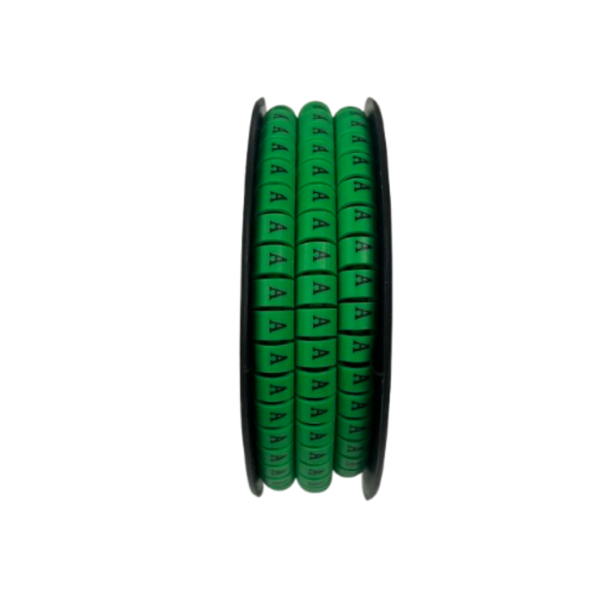 Spool of Cable Marker - A Green adhesive cable labels with repeated letter A for organized cable management