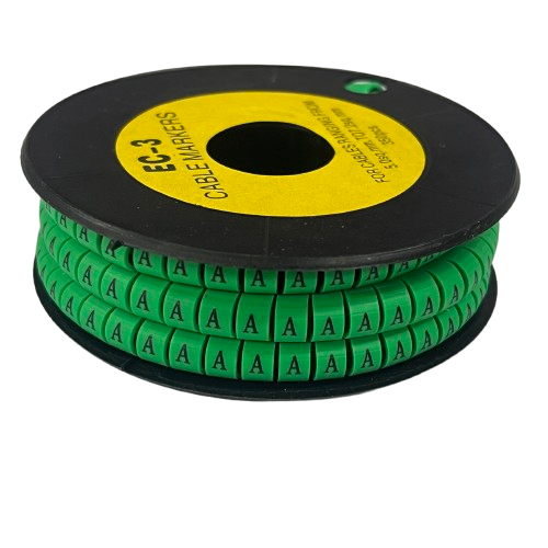 Cable Marker - A Green spiral spool of green letter A cable markers for cable management and wire labeling
