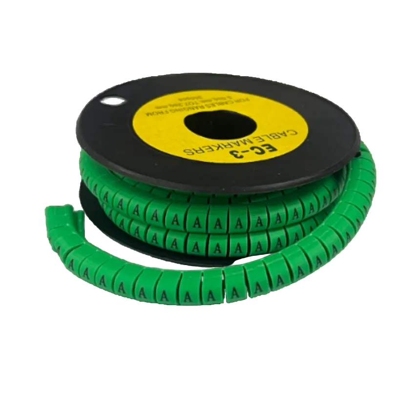 Cable Marker - A Green on a black spool of snap on cable labels for wire organization and identification