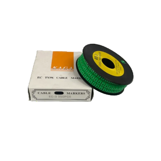 Cable Marker - A Green roll of A letter cable identification markers on black spool with white labeled box from China