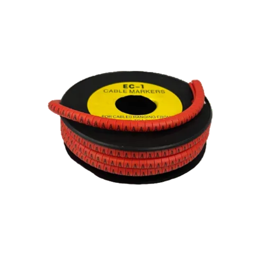 Grippes Cable Marker A - Red reel of lettered cable markers on spool for cable management and labeling