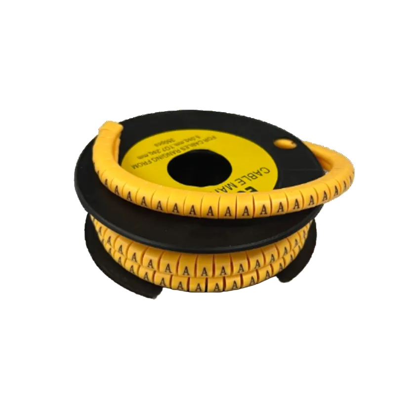 Cable Marker - A Yellow spiral cable ID markers on a black spool showing repeating letter A labels