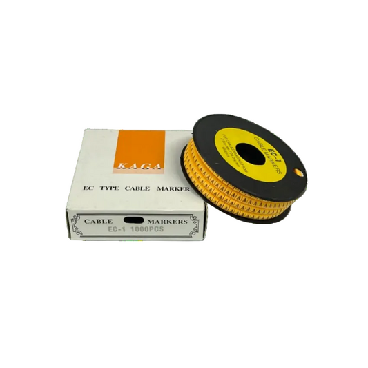Spool and box of yellow adhesive cable labels with repeating A markers Cable Marker - A Yellow for cable management