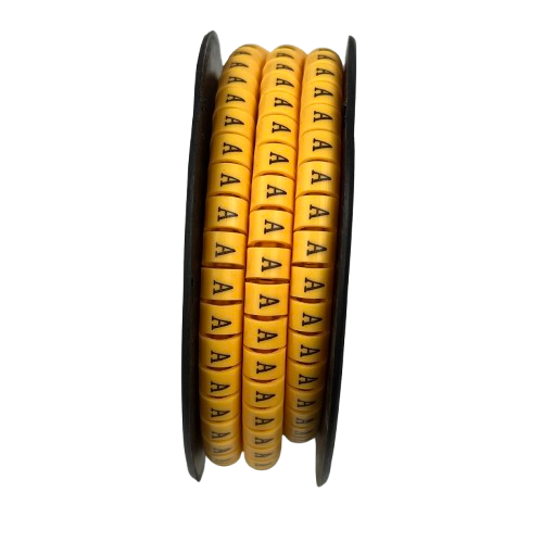 Cable Marker - A Yellow spool of embossed A letter cable markers on a black reel for wire labeling