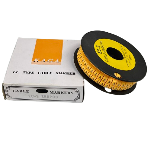 Spool of yellow lettered cable markers on black reel with white box EC type Cable Marker - A Yellow for wire labeling
