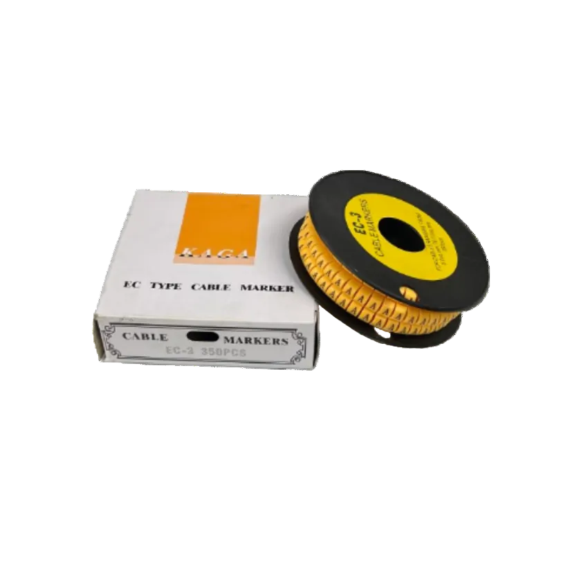 Spool of yellow lettered cable markers on black reel with white box EC type Cable Marker - A Yellow for wire labeling