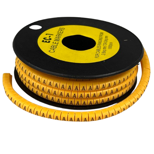 Spool of yellow spiral cable markers printed with repeating letter A for wire organization Cable Marker - A Yellow.