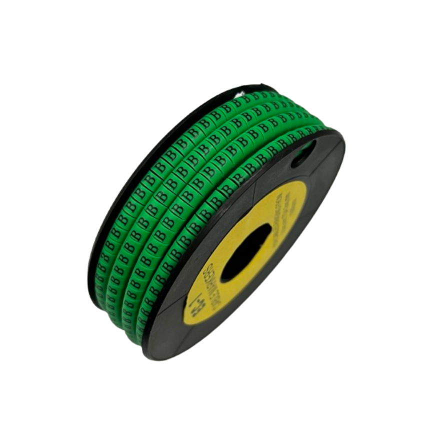 Grippes Cable Marker - B Green reel of green B markers on a black spool for organizing and labeling cables