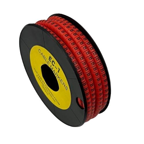 Grippes spool of red cable markers on reel showing repeated letter B Cable Marker - B RED for cable management