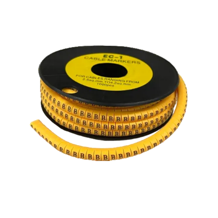 Cable Marker - B Yellow flexible tube markers on black spool for wire labeling and identification