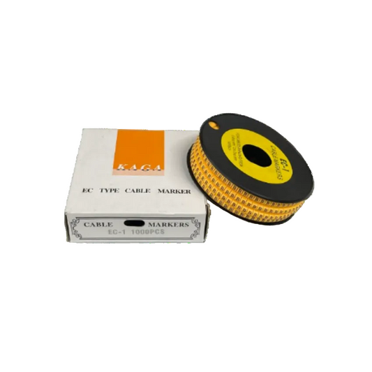 Spool and box of Cable Marker - B Yellow roll for cable management with printed B labels on yellow tape