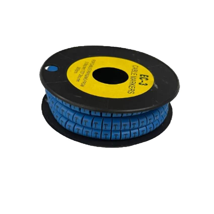 Grippes cable management spool of Cable Marker Blue - T. segmented letter T markers on black reel