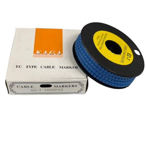 Spool of Cable Marker Blue 6 labels on reel next to KAGA EC type cable marker box 1000pcs for cable management