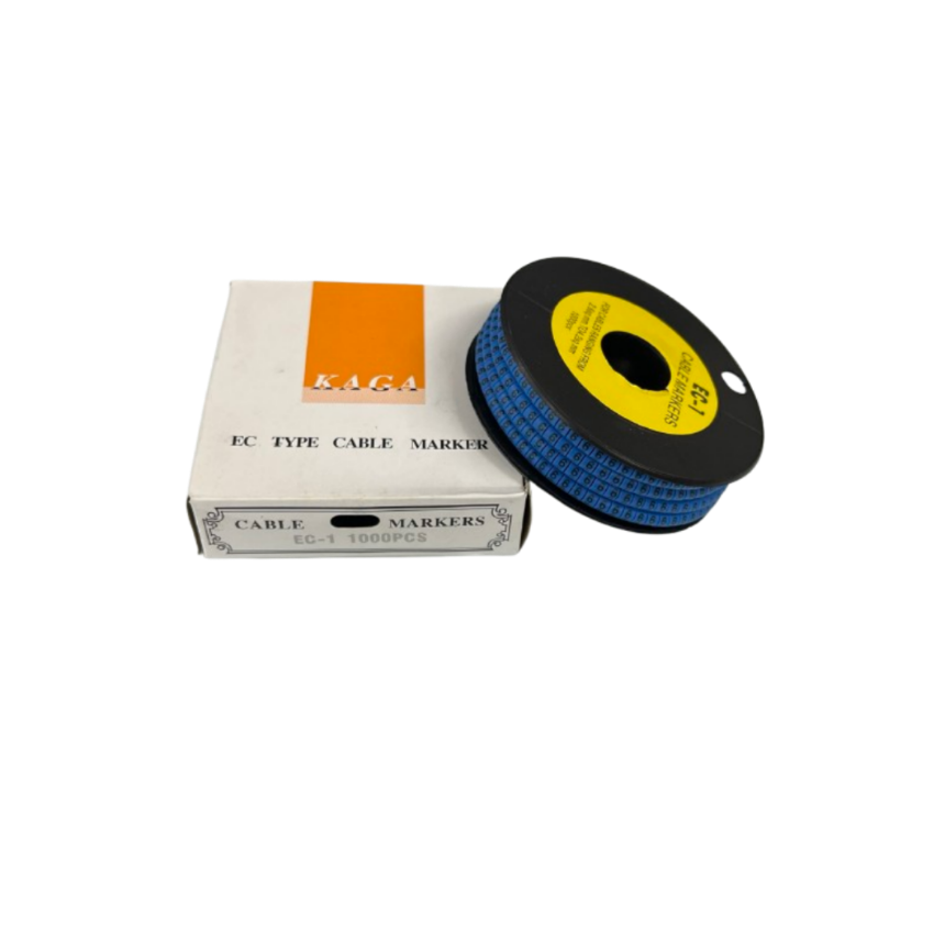 Spool of Cable Marker Blue 6 labels on reel next to KAGA EC type cable marker box 1000pcs for cable management