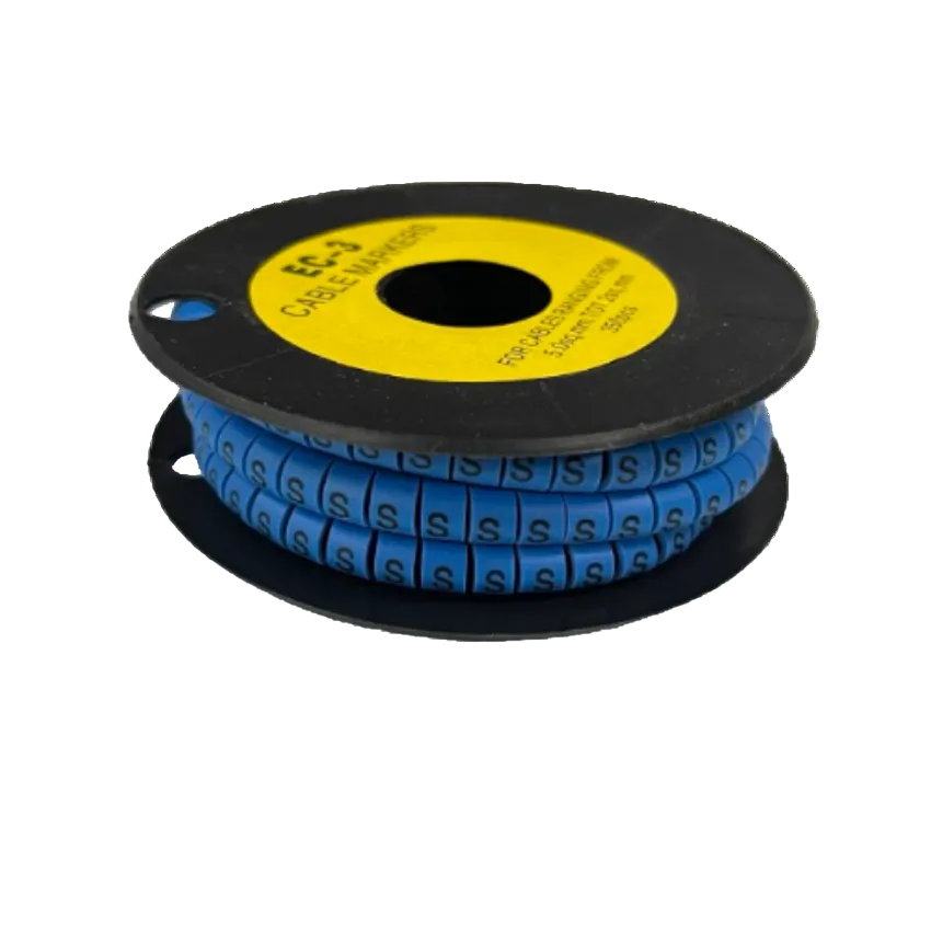 Grippes Cable Marker Blue - S spool of blue S cable markers on black reel for cable management