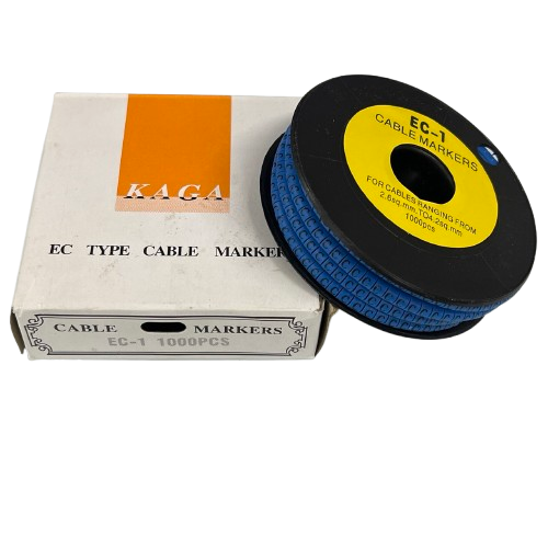 Cable Marker - C Blue spool of small letter cable markers on black reel with white box for wire labeling