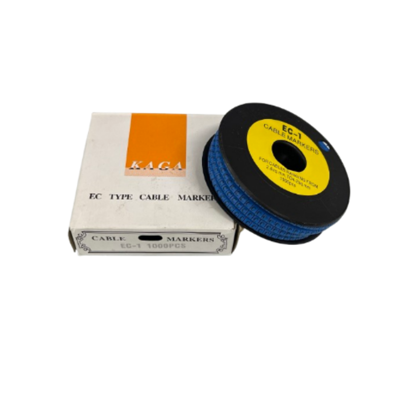 Cable Marker - C Blue spool of small letter cable markers on black reel with white box for wire labeling