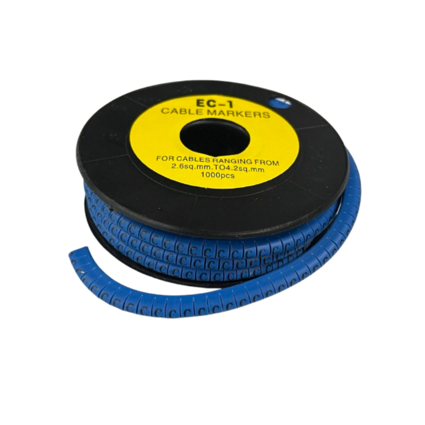 Reel of 1000 Cable Marker - C Blue plastic letter markers on spool for cable management and identification