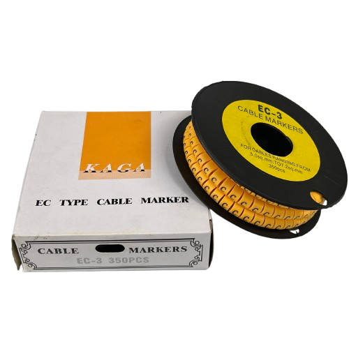Grippes cable management spool with Cable Marker C - Yellow numeric letter markers on reel and box
